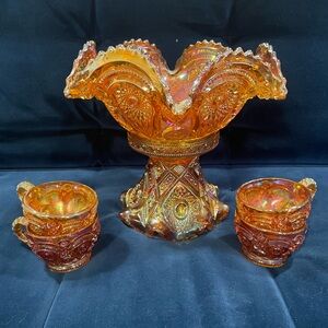 Antique Marigold Carnival Glass Punch Bowl with Stand and Cups